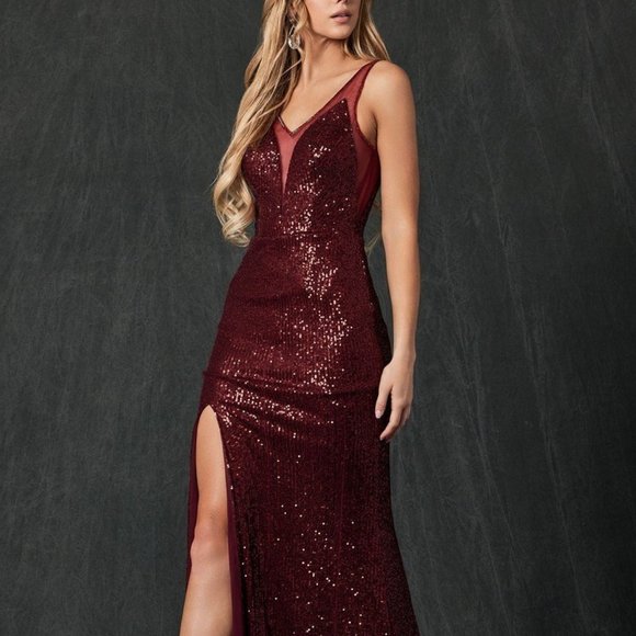 Burgundy Party Evening Prom  Sheath Leg Slit  Deep V Neckline Open Back JT264 - Picture 1 of 7